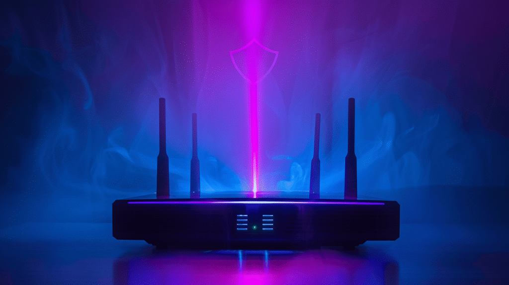 Modern WiFi router with glowing purple security shield on dark background
