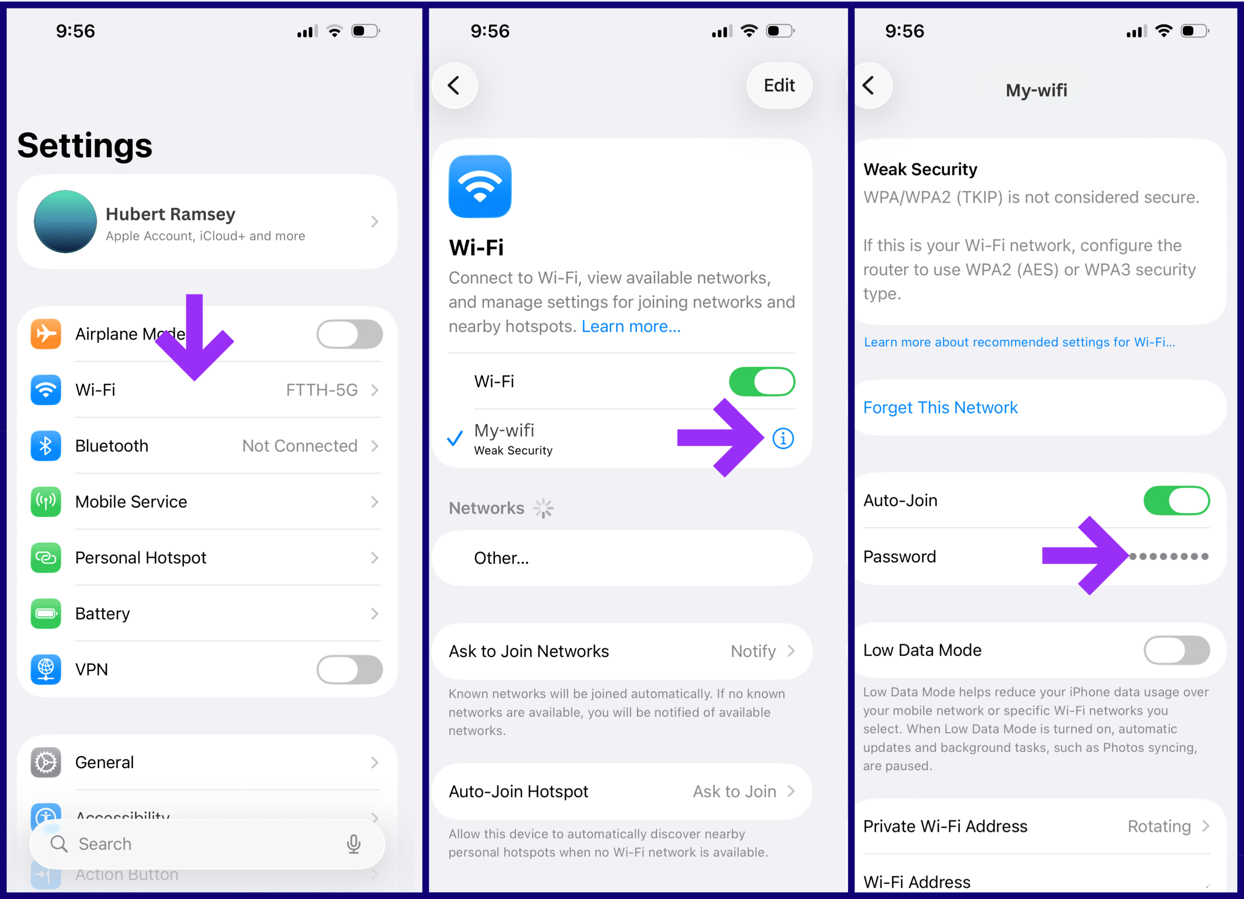 Step-by-step iPhone screenshots showing how to find WiFi password: Settings app, WiFi menu with info icon, and password field revealing network credentials