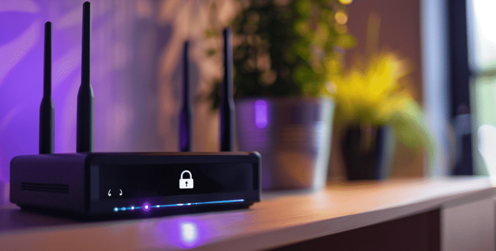 Modern wireless router with security indicators in home office setting