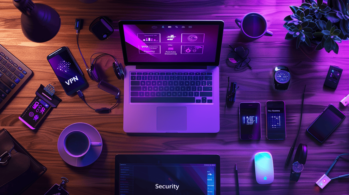 Remote work VPN security setup with laptop and connected devices