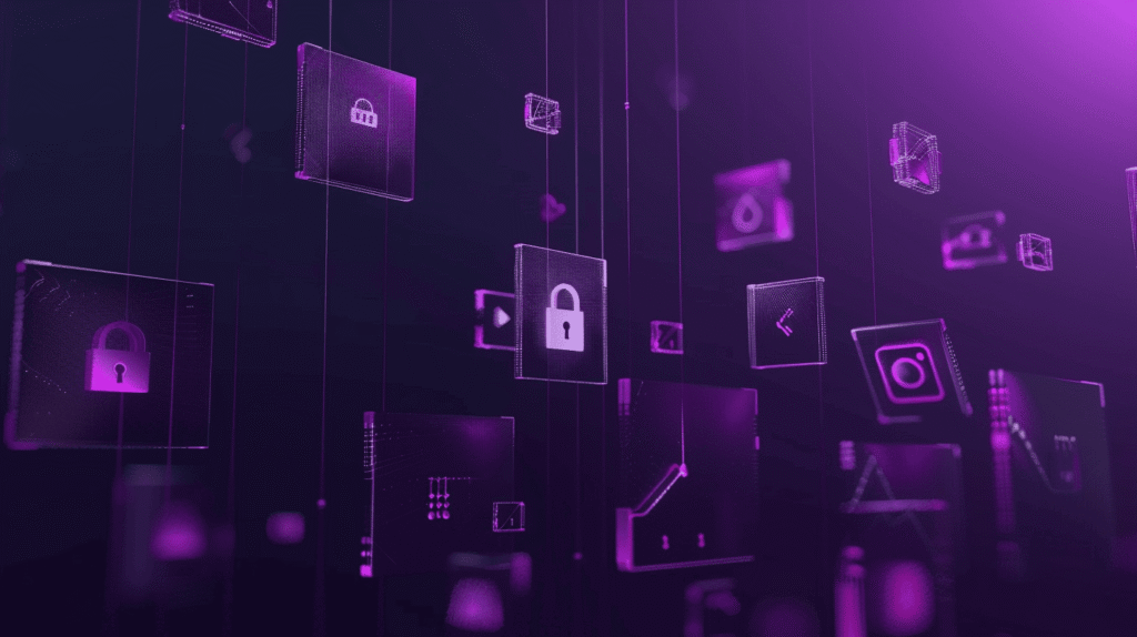 Abstract visualization of Instagram privacy controls with follower icons and security elements in purple gradient representing how to hide followers list