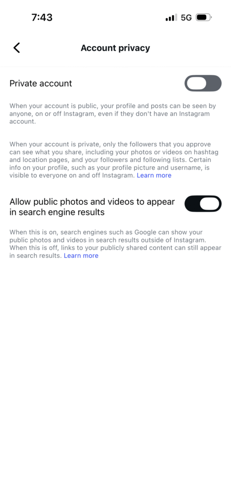 Instagram Account Privacy settings screen showing Private Account toggle switch and search engine visibility options for hiding followers list