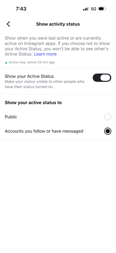 Instagram Show Activity Status settings page displaying toggle to hide online status and last active time from other users