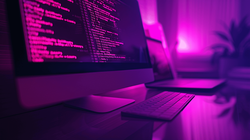 Computer screen displaying a script file with suspicious code highlighted, illuminated by a purple glow in a dark environment