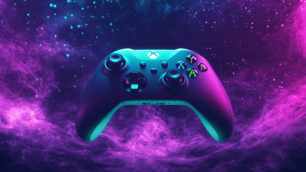 An Xbox controller floats between two glowing platforms representing a PC monitor and Xbox console, connected by a bridge of light particles symbolizing seamless connectivity.