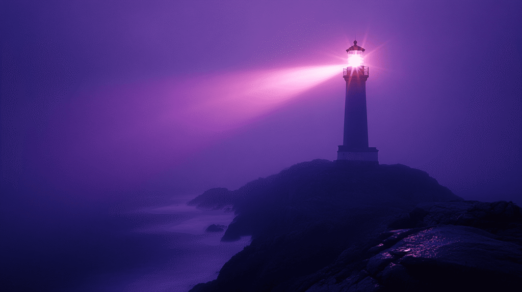 An abstract geometric watchtower overlooks a network of glowing purple pathways resembling a city grid, with some routes flickering amber to indicate detected anomalies in real-time threat monitoring.