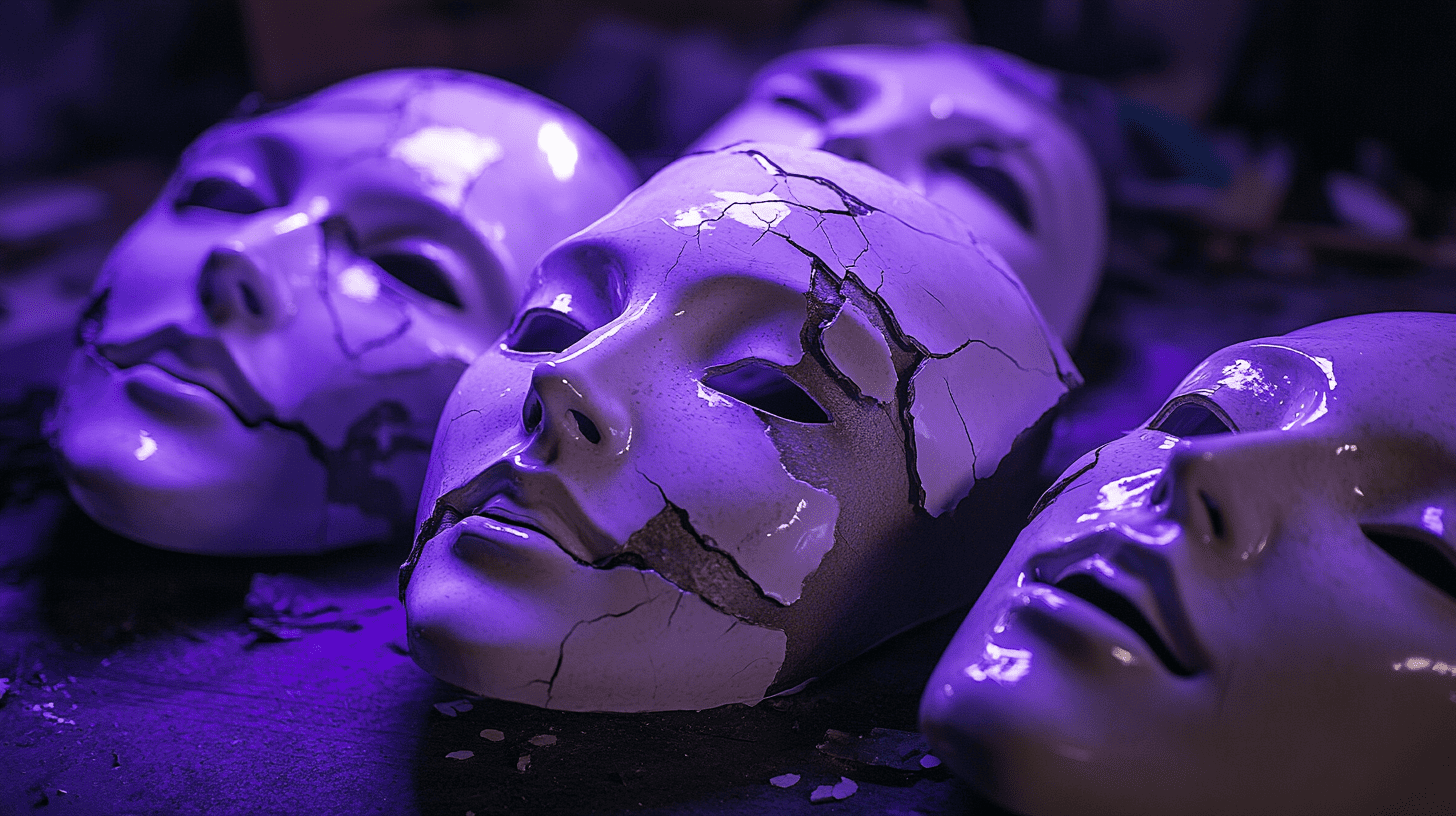 Multiple porcelain masks sit on a workshop table, with one cracking to reveal a different face beneath, representing how AI enables increasingly sophisticated impersonation and deception in cyberattacks.