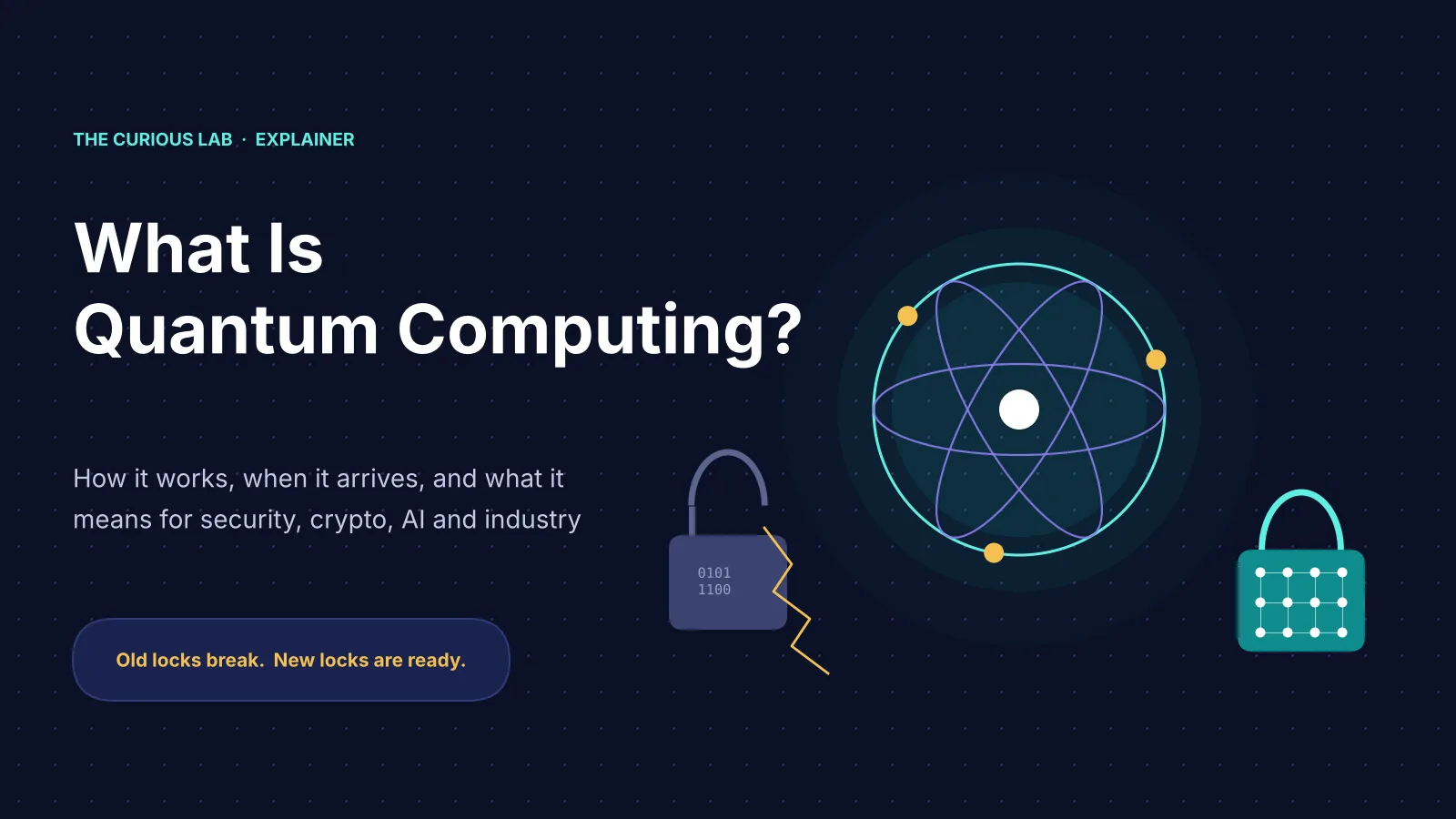 What is quantum computing: an old cracked padlock beside a new quantum-safe padlock and a quantum chip