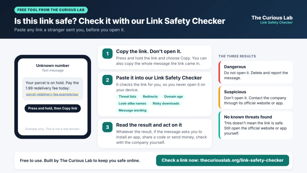 Free Link Safety Checker from The Curious Lab: copy a link, paste it into the checker, and get a Dangerous, Suspicious or No known threats found result
